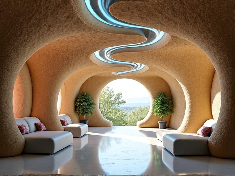 A high-tech ventilation system installed in a mycelium home, featuring sleek, modern ducts and filters designed to regulate humidity and air flow. The image emphasizes the integration of advanced technology with sustainable architecture to maintain healthy indoor air quality.