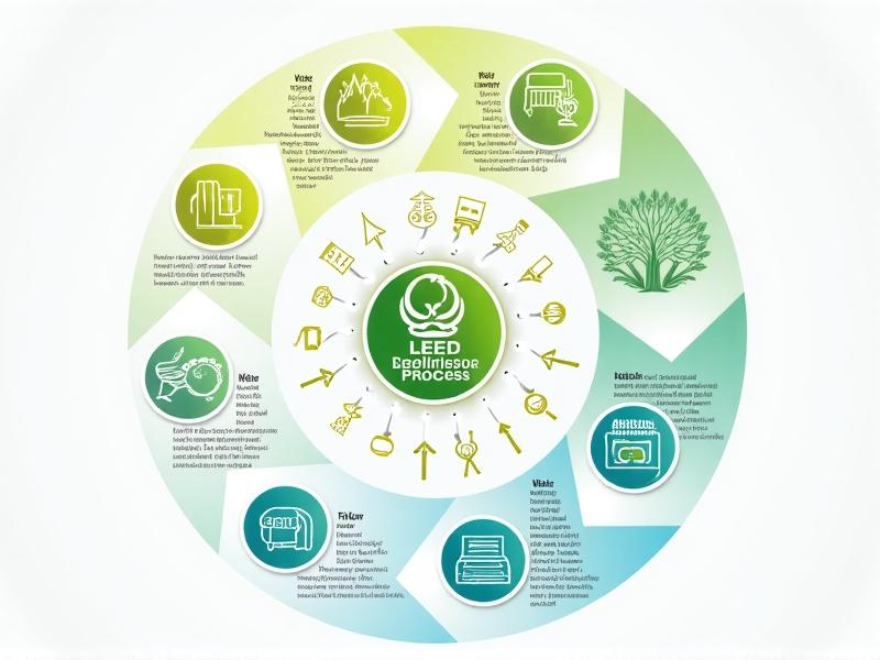 An infographic illustrating the LEED certification process, showing categories like energy, water, materials, and indoor quality, with icons and arrows connecting them in a circular flow.