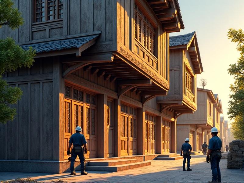 A historic wooden-framed building with fungal insulation being applied to its walls, bathed in warm, golden-hour sunlight. The image conveys the harmony between modern innovation and traditional architecture.