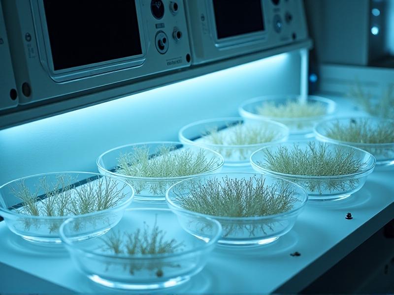 A laboratory setup with mycelium samples growing in controlled conditions, featuring petri dishes, humidity monitors, and temperature gauges, with a focus on the intricate fungal networks visible under soft artificial lighting.