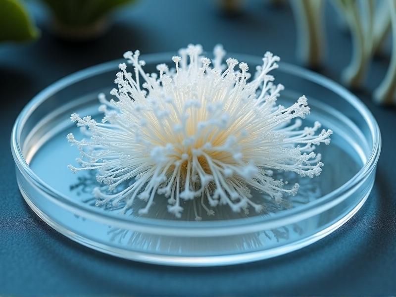 A time-lapse image of mycelium growing in a petri dish, with intricate white tendrils spreading outward in a circular pattern, illuminated by soft, ambient laboratory lighting.