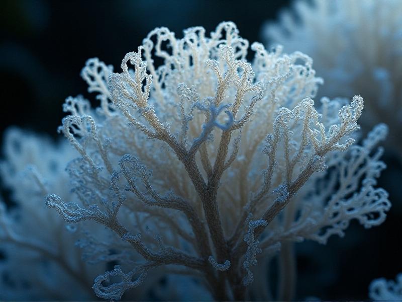 A microscopic view of mycelium hyphae, showcasing their intricate, web-like structure. The image highlights the fine, thread-like filaments in shades of white and gray, with a focus on their natural, organic form. The background is dark, creating a stark contrast that emphasizes the complexity of the fungal network.