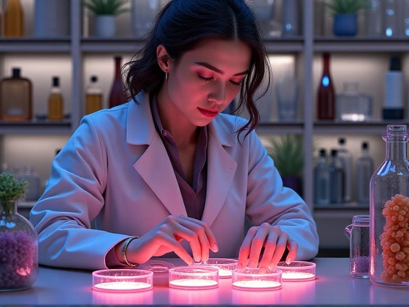 A scientist in a lab coat carefully examining mycelium cultures in a petri dish under soft, warm lighting. The image captures the meticulous research process, with shelves of lab equipment and growth substrates in the background, emphasizing the intersection of biology and technology.
