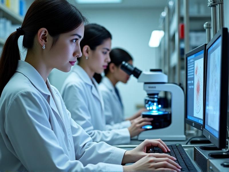 A modern laboratory setting with scientists conducting toxicity screening on mycological insulation. The image features advanced equipment, including gas chromatography machines and microscopes, with a focus on precision and scientific rigor.