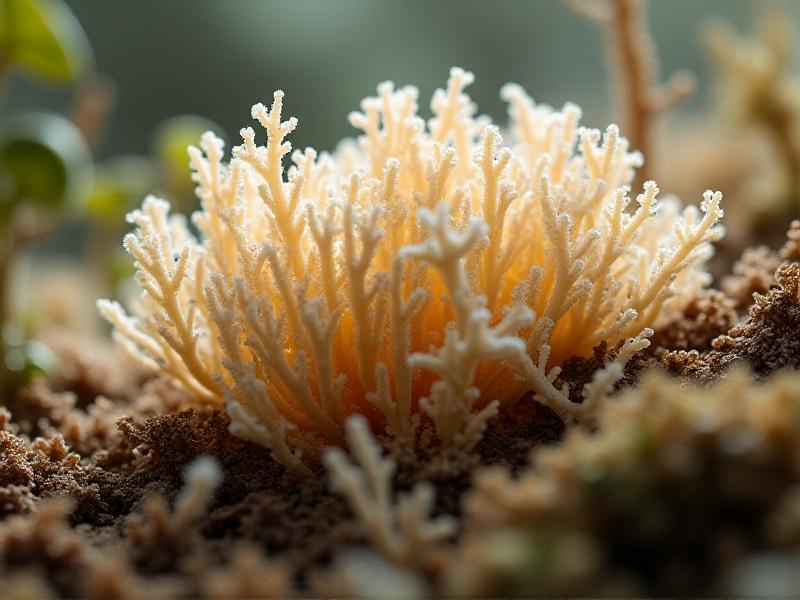 A close-up image of mycelium growing on agricultural waste, showing the intricate network of fungal filaments in a laboratory setting. The image highlights the natural texture and earthy tones of the material, emphasizing its organic and sustainable nature.