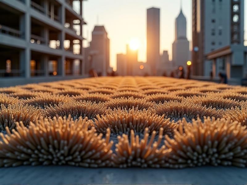 A close-up view of mushroom-based insulation material, showcasing its fibrous texture and earthy tones. The image highlights the sustainable and organic nature of the material, set against a backdrop of a modern construction site with workers in the background.