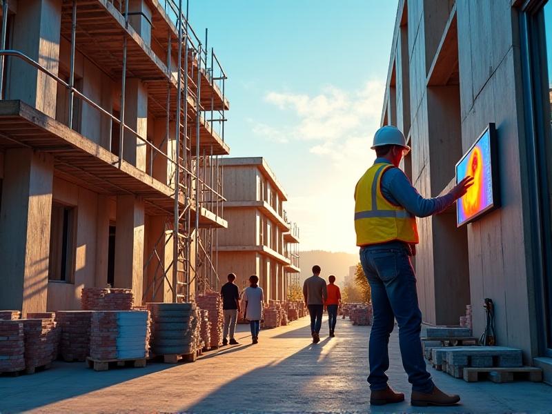A construction site where a professional inspector is examining the building envelope. The inspector is using a thermal imaging camera to detect heat loss and moisture issues. The image captures the exterior of a building with scaffolding, tools, and insulation materials visible in the background.