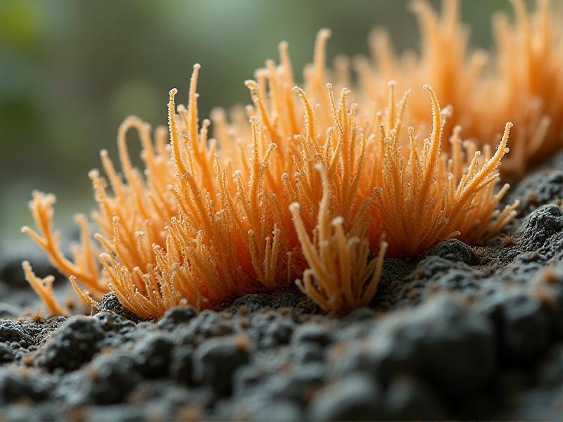 A time-lapse image of mycelium growing on a substrate of agricultural waste, forming a dense, fibrous network. The image captures the material’s natural growth process, with a focus on its organic texture and potential for scalability in construction projects.