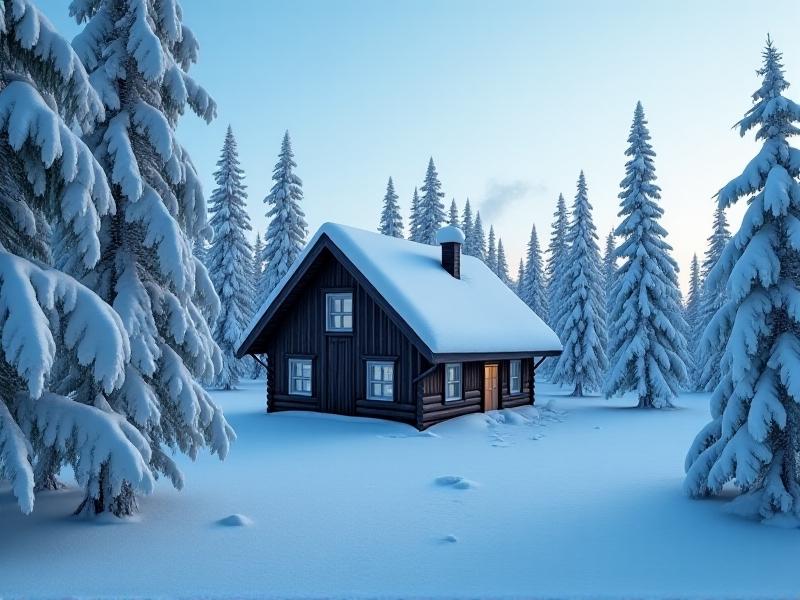 A snowy Arctic landscape with a traditional wooden cabin covered in thick layers of snow. The image captures the harsh, icy environment, with frost-covered trees and a cold, blue-toned lighting that emphasizes the extreme conditions.