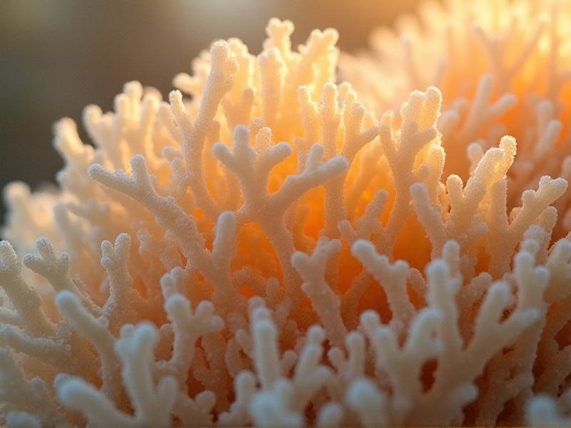 A microscopic view of mycelium filaments, revealing the intricate network of hyphae that form the material’s structure. The image emphasizes the natural insulation properties of mycelium, with a focus on the air pockets that contribute to its thermal efficiency.