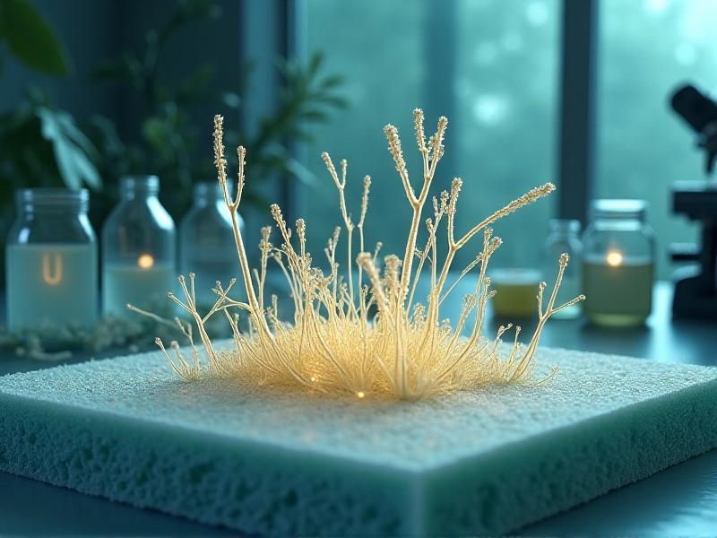 A scientific diagram illustrating the off-gassing process in mycological insulation. The image shows mycelium fibers releasing tiny gas molecules into the air, with a background of laboratory equipment and a focus on the chemical reactions involved.