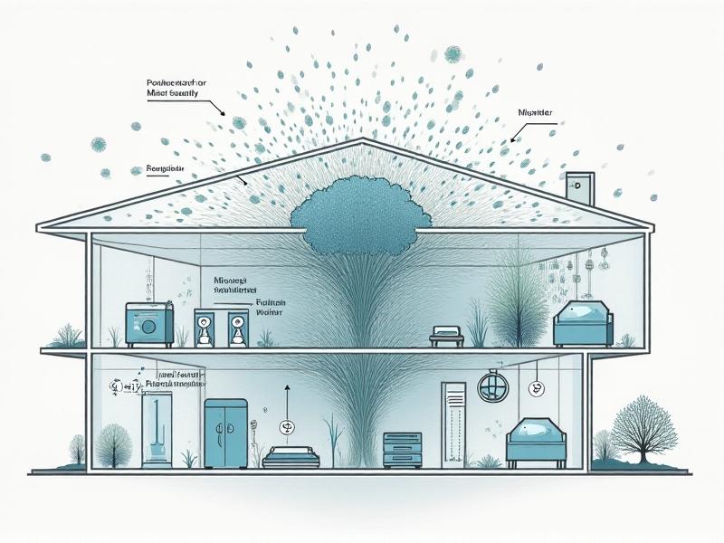 A detailed diagram illustrating the components of indoor air quality in a mycelium home, including air flow, moisture levels, and potential sources of pollutants. The image uses a clean, scientific style with labeled arrows and icons to explain the interaction between mycelium materials and air quality.