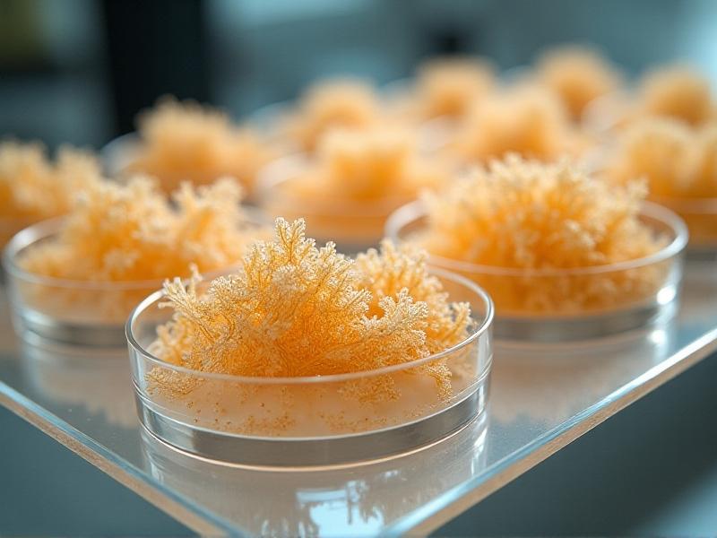 A laboratory setting with petri dishes containing mycelium cultures, illuminated by soft, diffused lighting. The image captures the scientific process of growing fungal insulation, emphasizing its organic and eco-friendly origins.