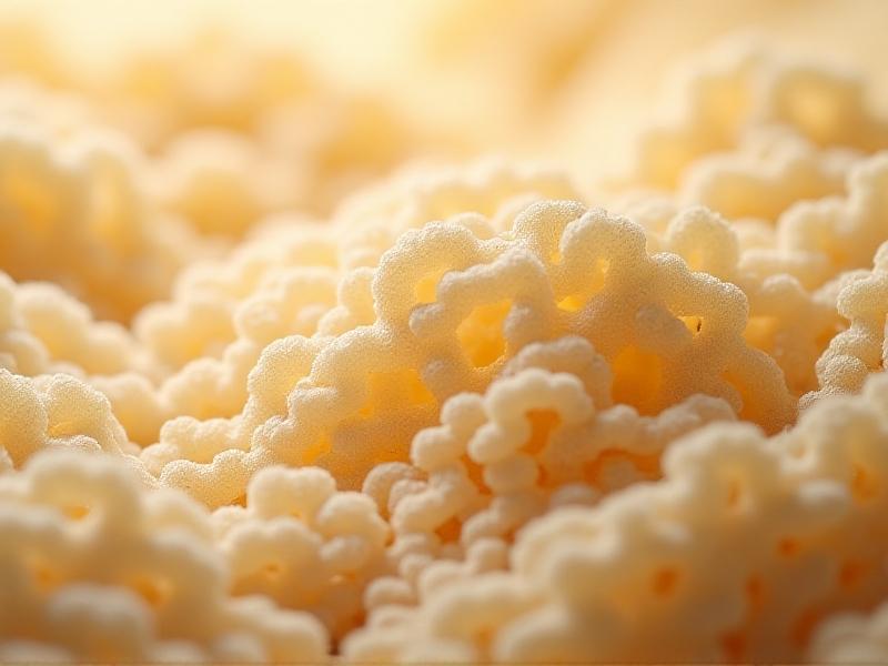 A close-up view of mycelium insulation, showcasing its intricate, porous structure. The texture resembles a sponge, with a natural beige color and subtle variations in tone. The image highlights the material's organic origin, with soft lighting emphasizing its eco-friendly and sustainable qualities.