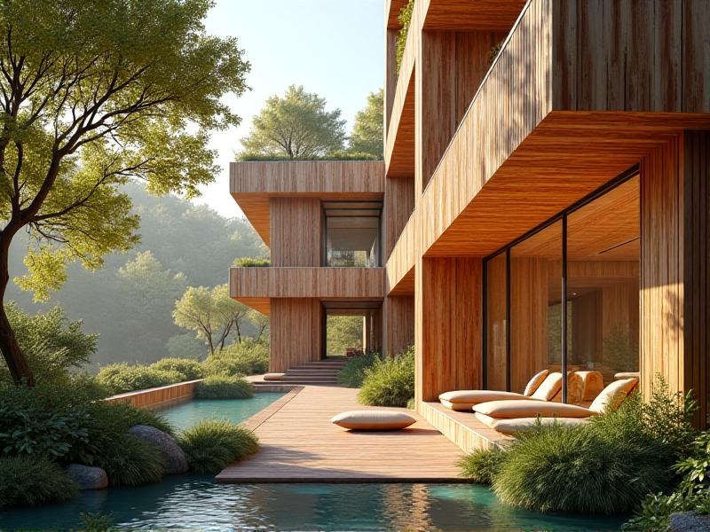 A modern eco-friendly building featuring mycelium-integrated wood framing, with large windows allowing natural light to illuminate the interior. The image showcases the seamless blend of organic and traditional materials, emphasizing sustainability and innovation in architecture.