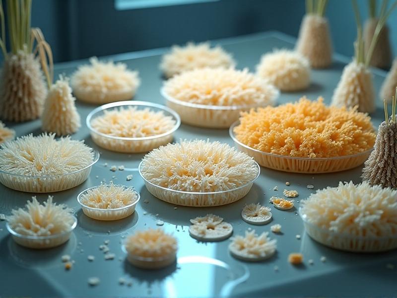 A laboratory setup showing various stages of mushroom-based insulation production. The image features petri dishes with mycelium cultures, agricultural waste substrates, and samples of the final insulation material. The setting is well-lit with a focus on the intricate details of the materials, emphasizing the scientific process behind the insulation blend.