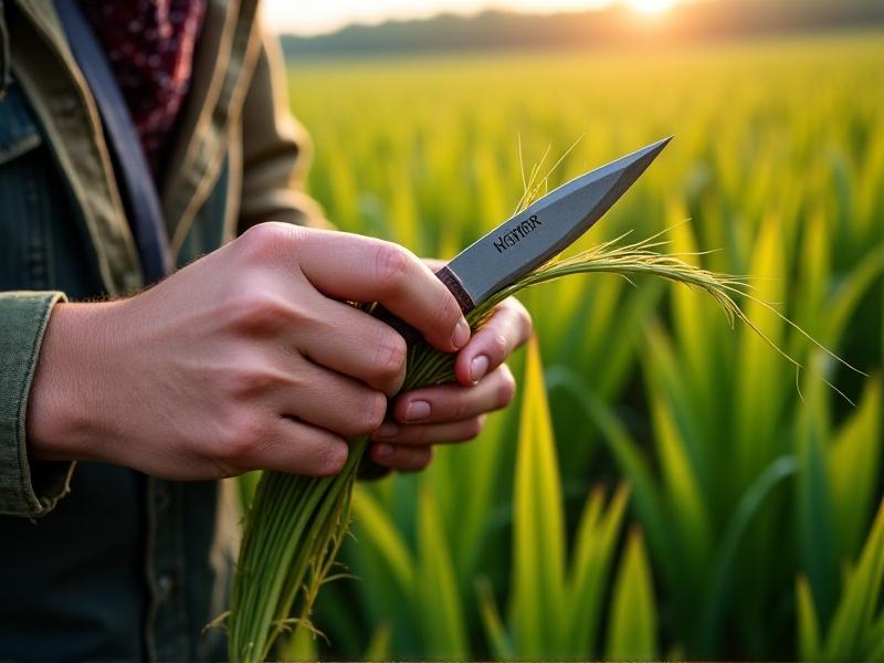 Close-up of a worker hand-cutting hemp stalks in a lush green field. The image captures the precision and care involved in harvesting natural fibers, with a focus on the texture and strength of the stalks.