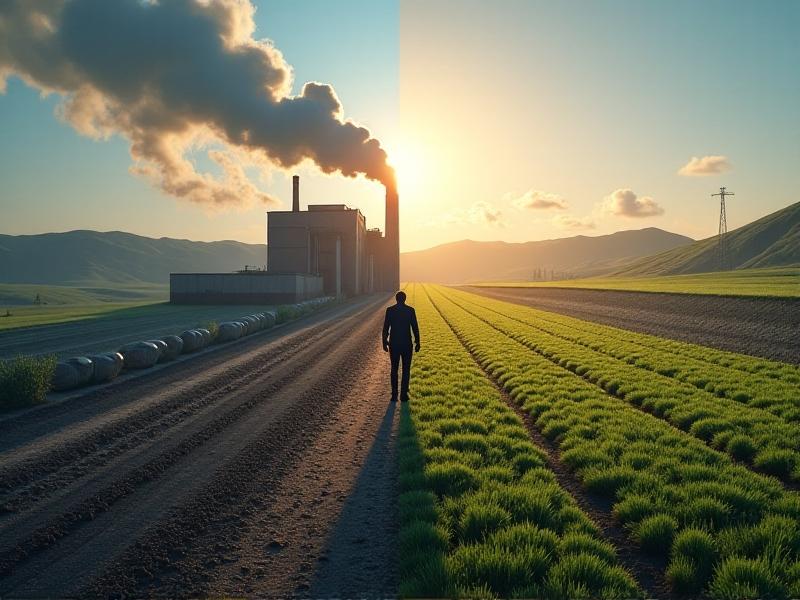 A split image showing the environmental impact of fiberglass batts and mycelium. On the left, a factory emitting smoke represents fiberglass production, with a landfill in the background. On the right, a serene farm scene depicts mycelium growing on agricultural waste, with compost bins nearby. The contrast highlights the sustainability of mycelium.