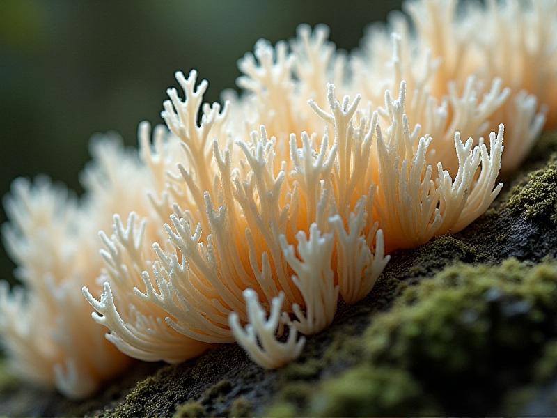 A detailed image of mycelium growing on a substrate, with a close-up view of the white, thread-like structures spreading across a dark, nutrient-rich surface, illuminated by soft, diffused light to highlight the organic growth process.