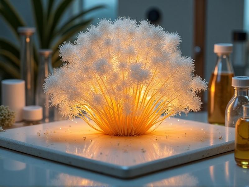 A laboratory setting where mycelium is grown on a substrate of straw, showing the intricate network of white fungal threads. The image captures the controlled environment with sterile equipment and soft lighting, emphasizing the scientific precision behind the production of fungal insulation panels.