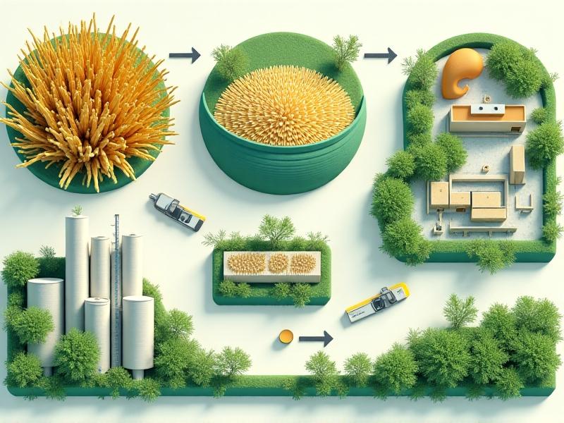 An infographic-style illustration depicting the circular economy process in mycelium insulation production, showing stages from agricultural waste collection to mycelium growth, insulation manufacturing, and waste recycling, with vibrant green and earthy tones emphasizing sustainability.