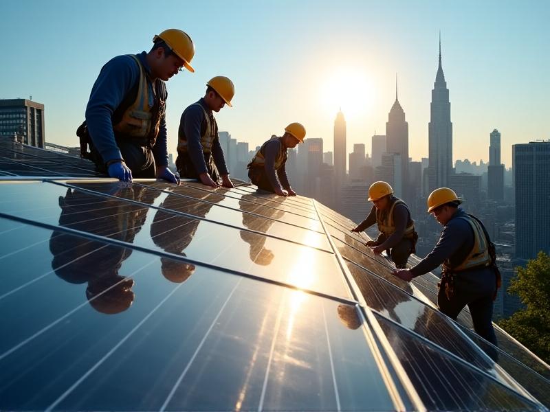 A team of workers installing solar panels on a rooftop, with a focus on the sleek, black panels and the surrounding urban landscape. The image conveys a sense of progress and innovation, with bright sunlight reflecting off the panels and a clear blue sky in the background.