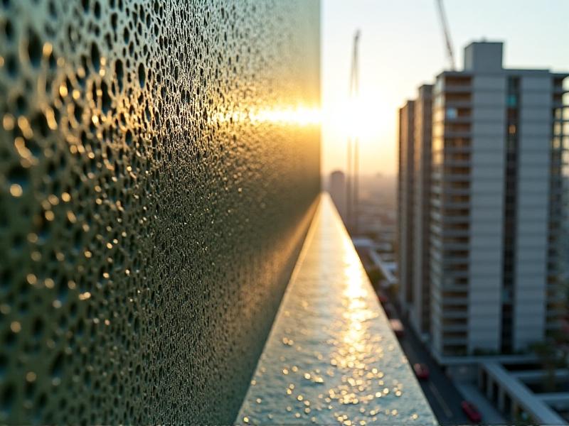 A close-up view of reflective myco-insulation panels, showcasing the intricate texture of mycelium combined with a reflective surface. The image highlights the eco-friendly and innovative nature of this material, set against a backdrop of a modern urban building under construction.