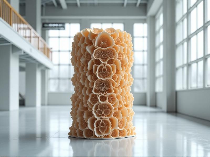 A stack of modular fungal insulation units in a factory setting, showcasing their uniform shape and texture, with a focus on their eco-friendly and sustainable design features.