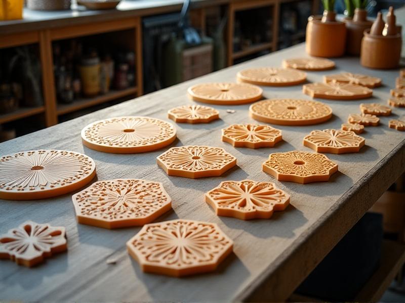 A collection of custom molds used for shaping fungal insulation panels, displayed on a workbench. The molds are made of silicone and feature intricate patterns and varying shapes. The image highlights the craftsmanship and precision involved in creating these essential tools for sustainable construction.