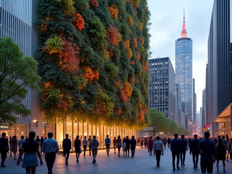 A bustling urban street with a towering building featuring a vibrant living wall. The wall is covered in a mix of flowering plants and foliage, creating a striking contrast against the concrete surroundings. Pedestrians walk by, admiring the greenery, which adds a touch of nature to the cityscape.