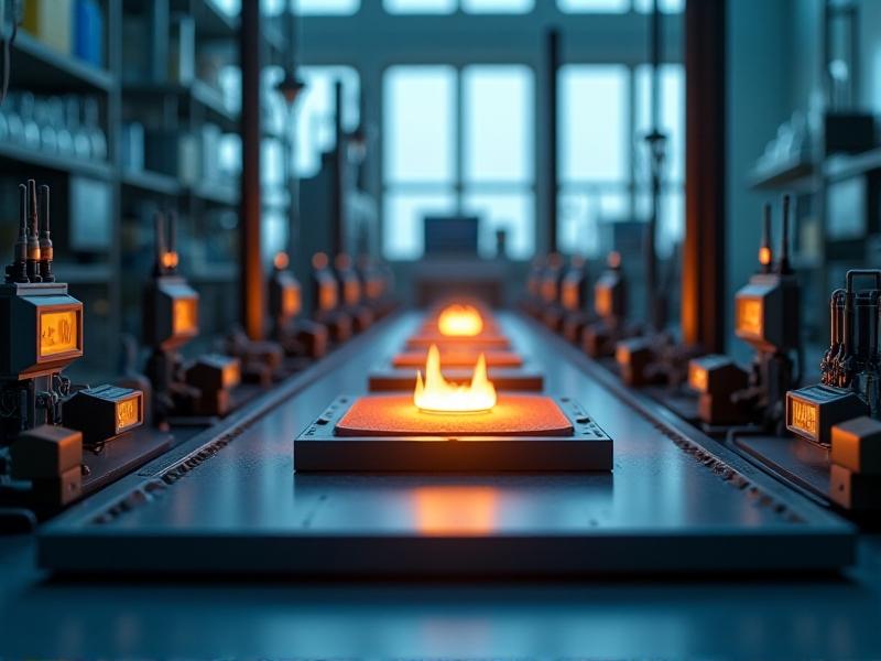 A laboratory setting with a controlled flame spread test in progress. The image shows a material sample being exposed to flames, with sensors and equipment monitoring the flame propagation. The lighting is clinical, emphasizing the scientific and precise nature of the test.