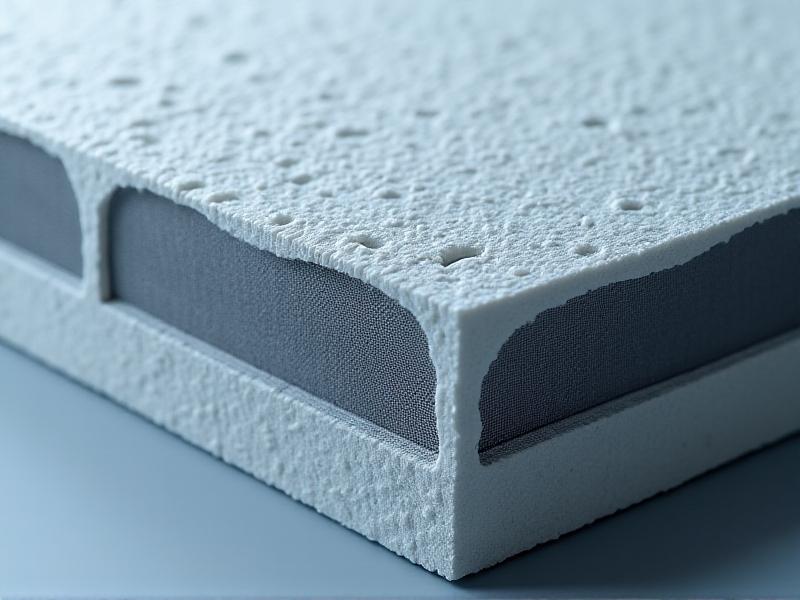 A cross-section of insulation material with a mesh barrier embedded within it, showcasing how physical modifications can deter pests. The image has a technical, detailed look with cool lighting, emphasizing the practical application of the barrier.