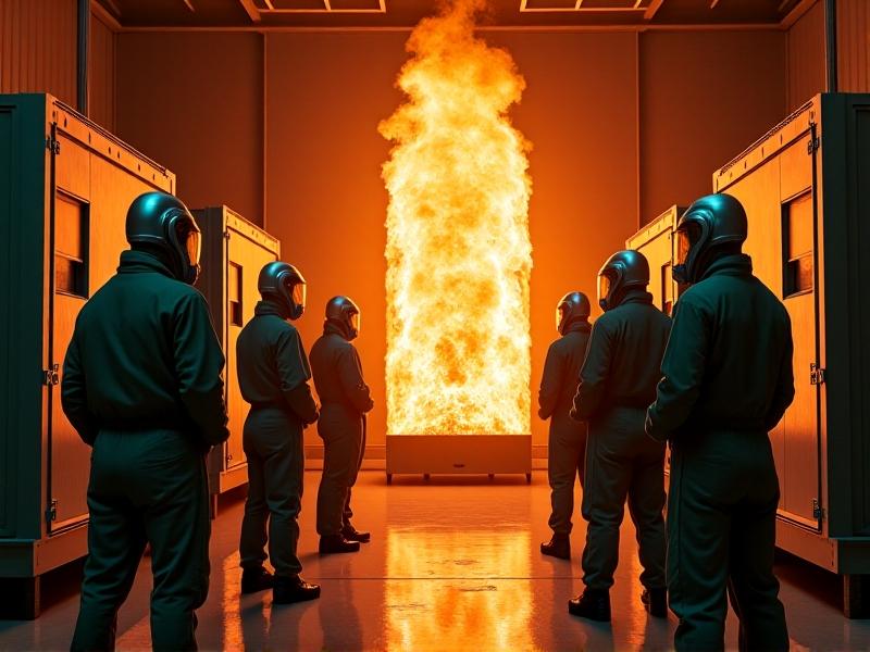 A state-of-the-art fire testing laboratory with advanced equipment, where technicians in protective gear are conducting fire resistance tests. The image captures the intensity of the flames and the precision of the testing process, highlighting the rigorous standards applied to materials like mycelium composites.