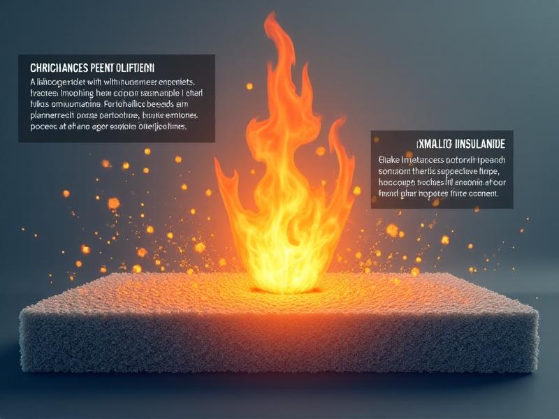 An infographic illustrating the process of smoke development in insulation materials. The diagram shows a flame interacting with fungal and synthetic insulation, with arrows indicating the release of smoke particles. The background is a muted gray, with clear labels and contrasting colors for easy understanding.