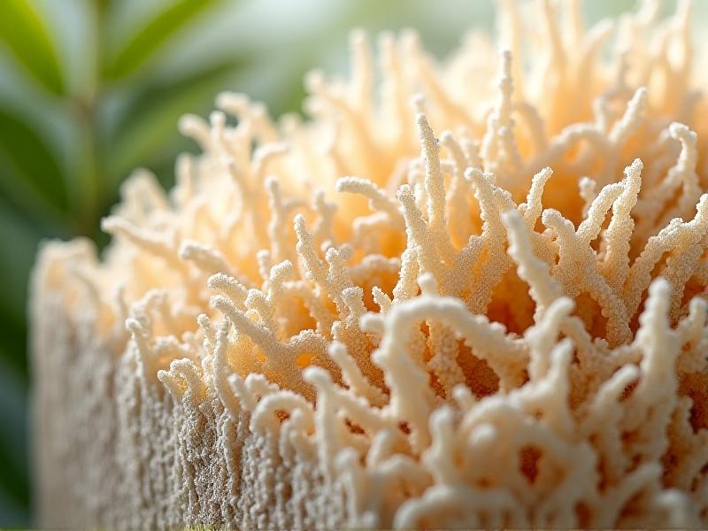 A composite material made of mycelium and hemp fibers, showcasing a textured, beige surface with visible natural fibers embedded in the fungal matrix, under natural daylight.